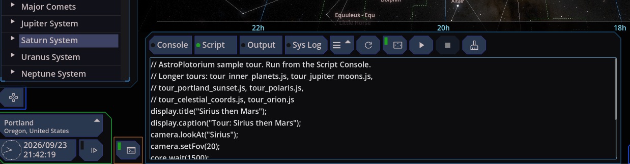Script console over the sky, running a tour that goes to Sirius and then Mars