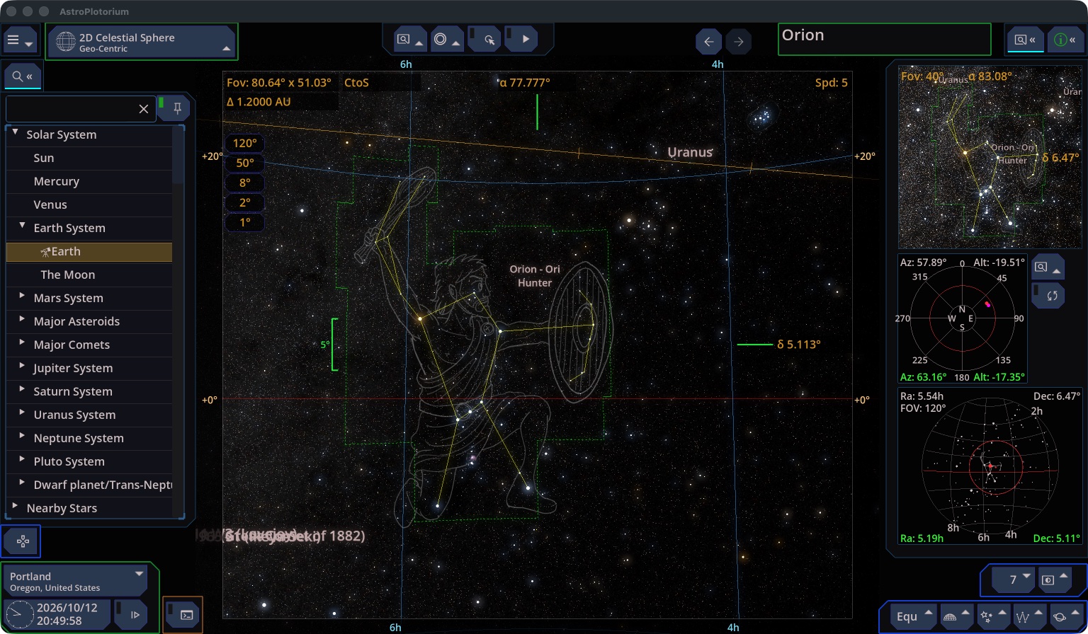 The main sky view with the navigator, clock, and layer controls