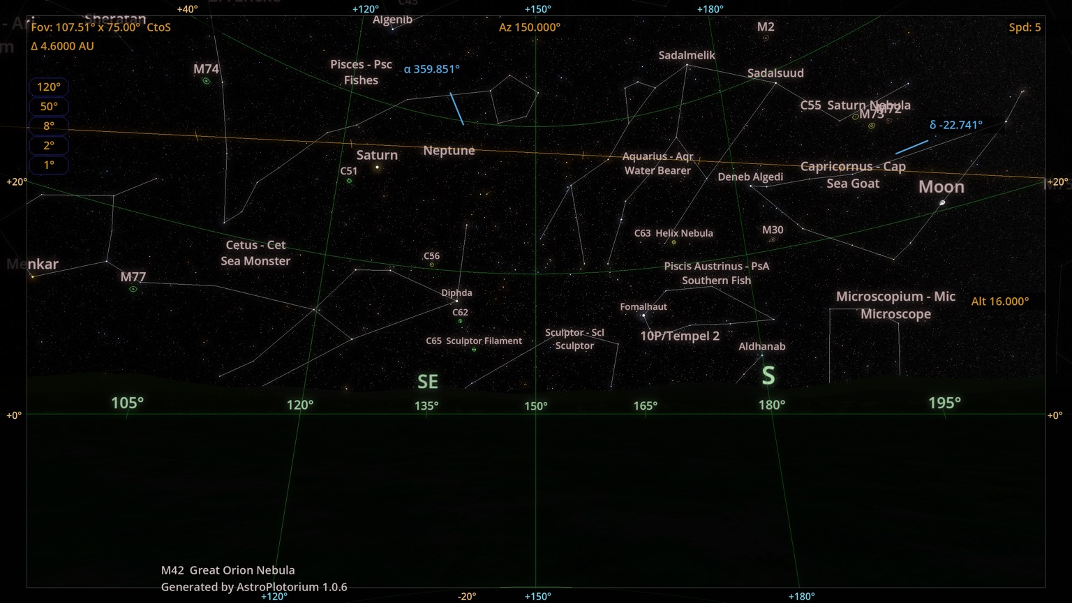 The night sky in the planetarium, with the horizon and Saturn