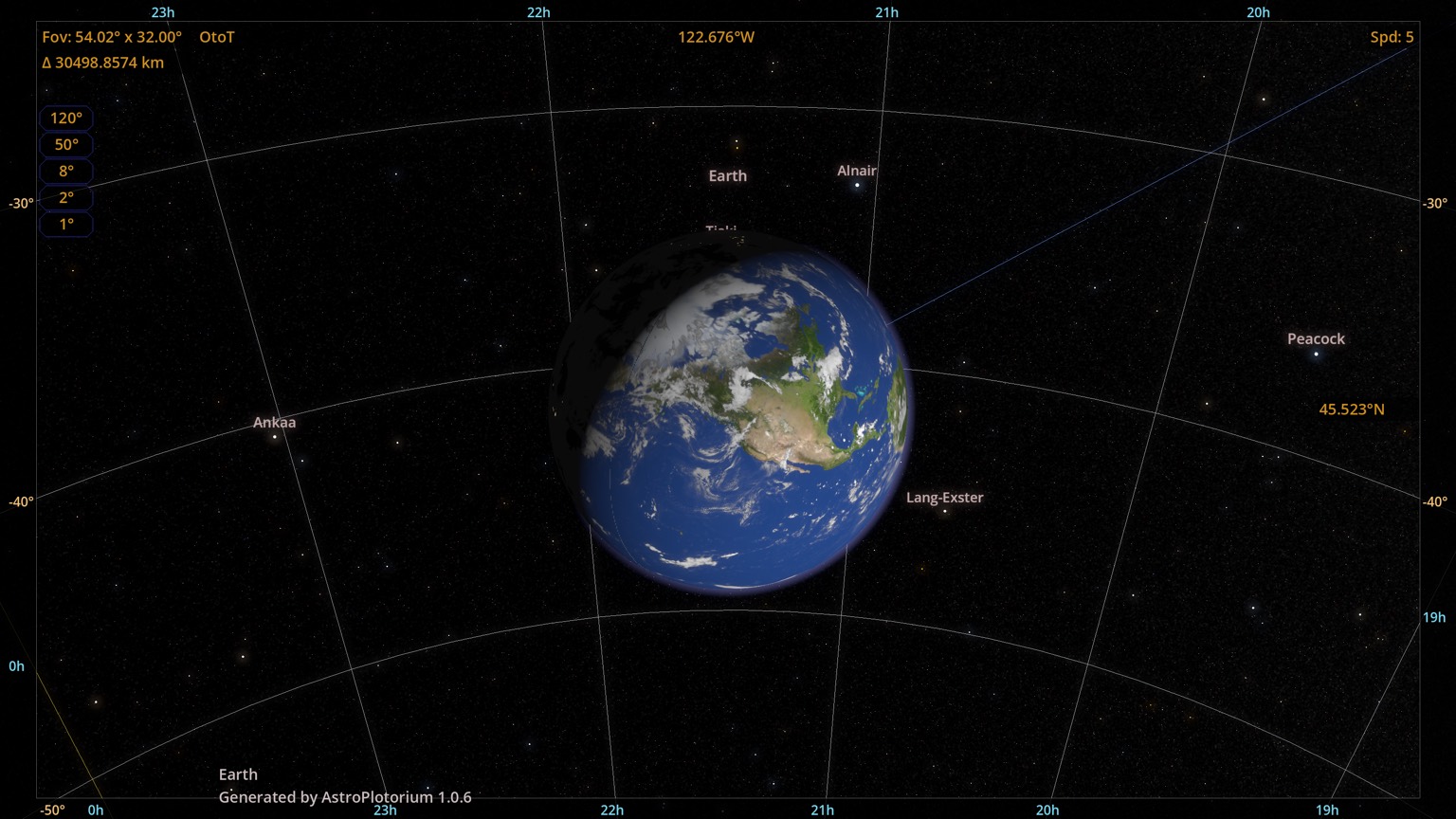 Earth in the scaled 3D universe, day side toward the Sun