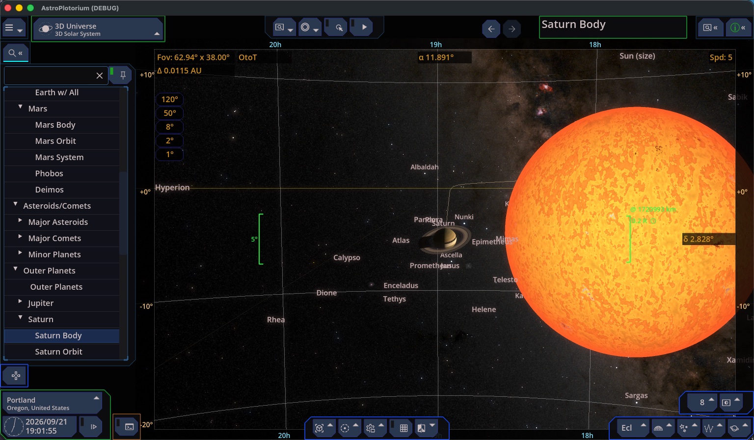 Mars as a point beside a Sun drawn at the same scale